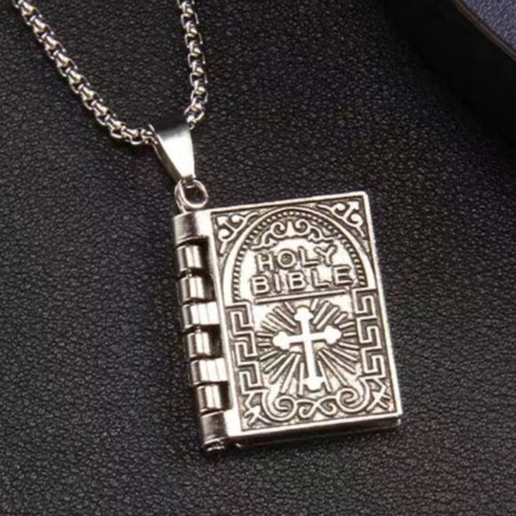 Bible Necklace 4 Pages Turnable Lords Prayer Pages 27” Block Chain Silver Tone - Picture 6 of 16